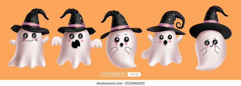 Ghost characters vector set design. Halloween cute ghost character with happy, naughty, shock and smiling facial expression floating in yellow background. Vector illustration cute spirit monster 