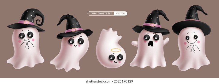 Ghost characters vector set design. Halloween cute ghost character wearing witch hat collection with skittish, scary, spooky and naughty facial expression. Vector illustration cute spirit collection. 