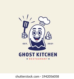 Ghost Chef Holding Spatula Mascot Character Illustration For Ghost Kitchen Online Restaurant Concept Logo In Retro Vintage Cartoon Style