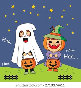 Niño fantasma y personaje de calabaza de pie fuera por la noche bajo el cielo estrellado. Concepto de Festiva
