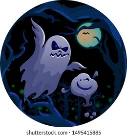 Ghost in the circle. Autumn tree scene. ghost sheet halloween character design. Isolated vector illustration.