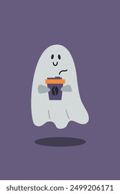 Ghost with coffee cup. Cut spirit with hot drink. Halloween illustration. 