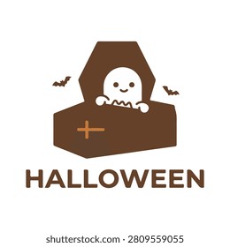 Ghost In Coffin Halloween Vector Design With Little Bats.