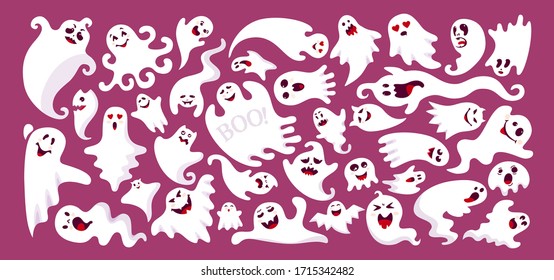 Ghost colored flat cartoon set. Halloween collection cute and scary ghostly monsters. Joyful spooky or funny comic character. Many ghosts Halloween concept. Vector illustration isolated