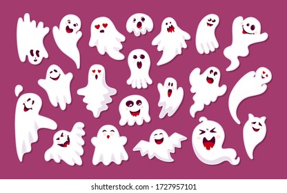 Ghost colored sticker with shadow flat cartoon set. Halloween collection cute scary stickers monsters. Joyful spooky or funny comic character. Ghosts Halloween concept. Vector illustration isolated