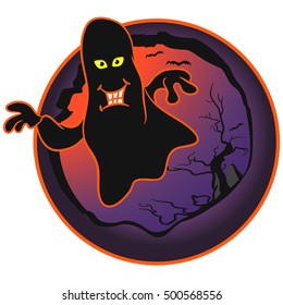 Ghost colorful flat icon - Halloween. Background round shape with ragged hole and flying cartoon silhouette