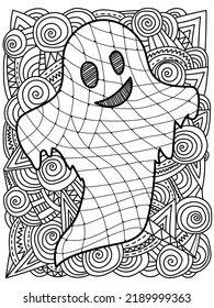 Ghost coloring page for halloween, spirit with fantasy patterns for holiday activity vector illustration