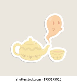 Ghost come out from a teapot. Yellow teapot and cup with an orange monster pop up. Cute cartoon vector illustration.