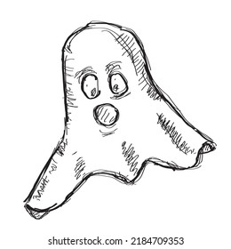 Ghost comic character or creature which is Halloween prop type, funny scary person. Hand drawn (doodle style) drawing.
