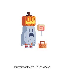 Ghost costume dressed cute character with pumpkin on a head. Pixel art style. Isolated vector illustration.