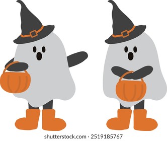 ghost costume with wizard hat and pumpkin candy basket