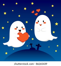 Ghost Couple In Love At The Cemetery On Halloween Night