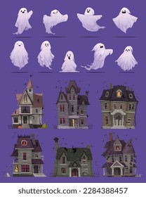 Criaturas fantasma y viejas casas abandonadas iconos de dibujos animados conjuntos de ilustraciones vectoriales aisladas