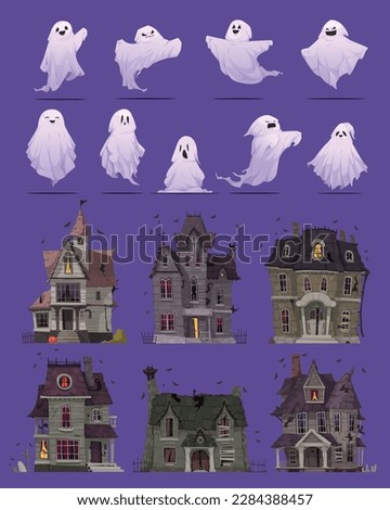 Ghost creatures and old abandoned houses cartoon icons set isolated vector illustration