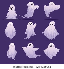 Ghost creatures spooky character cartoon icons set isolated vector illustration