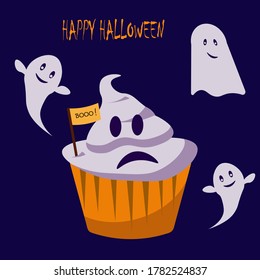 ghost cupcake for Halloween. Postcard with text. Vector illustration. 