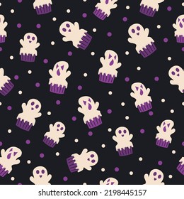 Ghost cupcake pattern for Halloween. Seamless vector