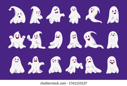 Ghost cute character flat cartoon set icons. Creepy funny cute ghostly Halloween monsters. Decor October holiday. Symbol horror. Silhouette with face shape evil spook. Isolated vector illustration