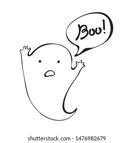 Ghost. Cute Halloween ghost with speech bubble. Boo lettering. Vector. isolated on white background. Hand drawn childish illustration.  Used for wallpaper, pattern fills, web page background