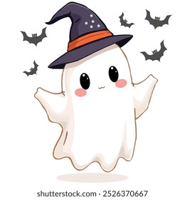 Plantilla de Vector de Halloween lindo fantasma. Luna grande de Halloween, fantasma de la calabaza, sombrero del mago, fantasma lindo, cráneo de la historieta, Web de la araña Anuncio inconsútil de la calabaza de Halloween. Silueta espeluznante de las linternas de la calabaza