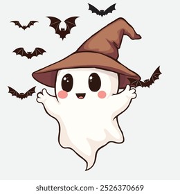 Plantilla de Vector de Halloween lindo fantasma. Luna grande de Halloween, fantasma de la calabaza, sombrero del mago, fantasma lindo, cráneo de la historieta, Web de la araña Anuncio inconsútil de la calabaza de Halloween. Silueta espeluznante de las linternas de la calabaza