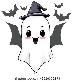 Plantilla de Vector de Halloween lindo fantasma. Luna grande de Halloween, fantasma de la calabaza, sombrero del mago, fantasma lindo, cráneo de la historieta, Web de la araña Anuncio inconsútil de la calabaza de Halloween. Silueta espeluznante de las linternas de la calabaza