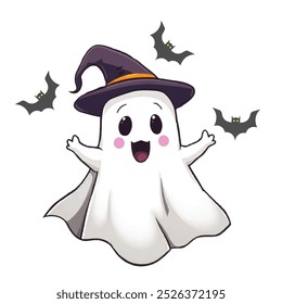 Plantilla de Vector de Halloween lindo fantasma. Luna grande de Halloween, fantasma de la calabaza, sombrero del mago, fantasma lindo, cráneo de la historieta, Web de la araña Anuncio inconsútil de la calabaza de Halloween. Silueta espeluznante de las linternas de la calabaza