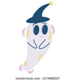 Ghost. Cute kind ghost in a hat. Children's creepy character book for kids. A magical scary spirit. Perfect for Halloween, holiday design and printing. Vector hand draw illustration isolated