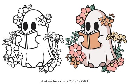 Ghost cute reading book, halloween flowers, hand drawn vector