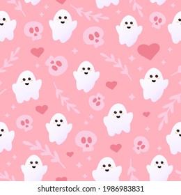 Ghost cute seamless pattern in pink colours with skulls, hearts and leaves, ornate for wrapping paper