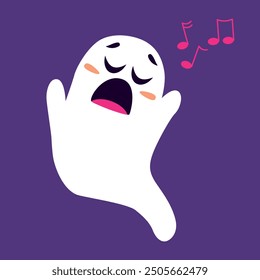 Ghost. A cute ghost is singing a song. Musical notes. Vector illustration for design and web.