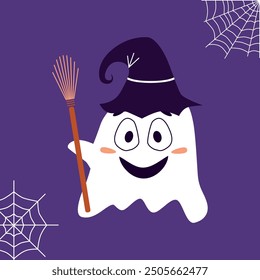 Ghost. A cute ghost in a witch's hat with a broom. Web. Vector illustration for design and web.