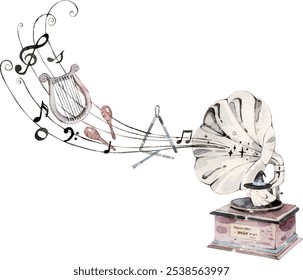 A ghost dances on a vintage record player with various instruments and talismans