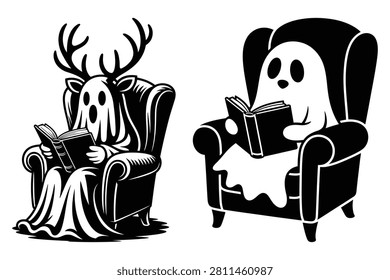 A ghost deer and a ghost character sitting in comfortable armchairs and reading books
