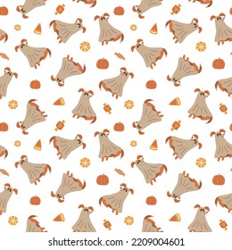 Ghost dog Halloween pattern  Cute beige spooky dog Halloween seamless pattern  Trick treat dog in ghost costume repeated background  Halloween sweets  candies  puppy cartoon vector illustration