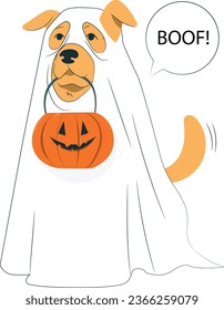 Ghost dog Halloween vector design  cute Labrador and trick treat bucket