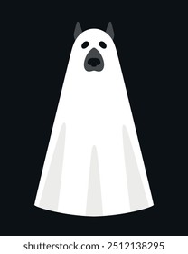 Perro fantasma sobre un fondo oscuro. Perro en una sábana fantasma. Ilustración vectorial