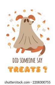 Ghost dog  spooky dog Halloween illustration  Trick treat dog in ghost costume  sweets  candies  puppy   Happy Halloween funny greeting card  Cartoon vector illustration  Boho spooky card design