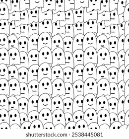 Ghost doodle seamless pattern. Halloween vector spooky repeat wallpaper tile background. Ghost cartoon illustration gift wrap paper white design