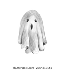 A ghost drawn in pencil. Halloween ghosts with faces. A Halloween character. Hand-drawn vector isolated drawing on a white background.