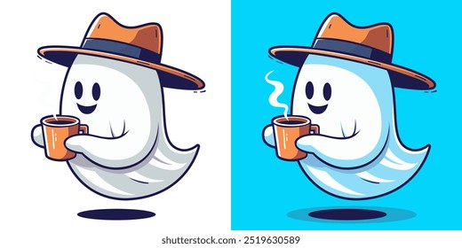 Ghost drinking coffee cup. Happy Halloween phantom. Cute cartoon spooky character. Ghost holding cup. Magic scary spirit. Ghost character. Cute coffee ghost Halloween. Specter holding a mug. Flat styl