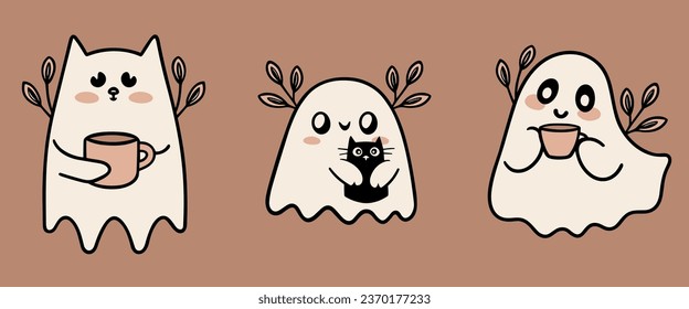 Ghost drinking coffee illustration. Cat sheet ghost holding a mug. Fall season aesthetic cute flat design with ghosts, cats, coffee and leaves. Halloween minimalist vector set.