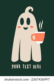 Ghost drinking coffee illustration. Sheet ghost holding a mug. Fall season aesthetic cute flat design. Caffeinated ghost concept. Minimalist vector illustration.