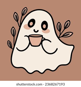 Ghost drinking coffee illustration. Sheet ghost holding a mug. Fall season aesthetic cute flat design with ghost, coffee and leaves. Minimalist vector illustration.