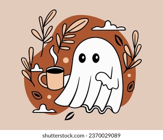 Ilustración de café de bebida fantasma. Fantasma de hoja sosteniendo una taza. Estética de temporada de otoño, diseño plano adorable con fantasmas, café y hojas. Ilustración vectorial minimalista.