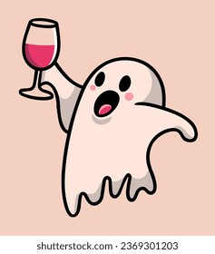 Vino fantasma. Espíritu de hoja lindo sosteniendo una copa de vino. Estética rosa de temporada de otoño. Graciosa ilustración para invitaciones de fiesta de halloween. Diseño plano vectorial minimalista para productos imprimibles.