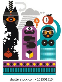 The ghost, English gentleman and black woman. Vector illustration of freak people.