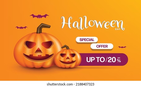 Ghost face carved pumpkin heads are placed on an orange-yellow background with bats flying around and beside it there is text of promotion halloween day special offer up to 20%,Halloween celebrations