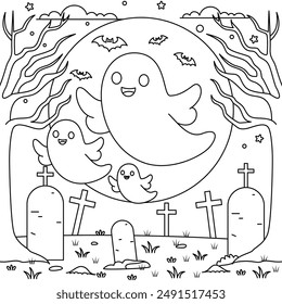 Ghost Family Floating Through a Graveyard Colouring, Halloween Outline Coloring Page