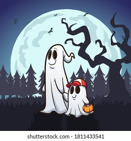 Ghost father and son trick-or-treating. Vector clip art illustration. Some elements on separate layers.
